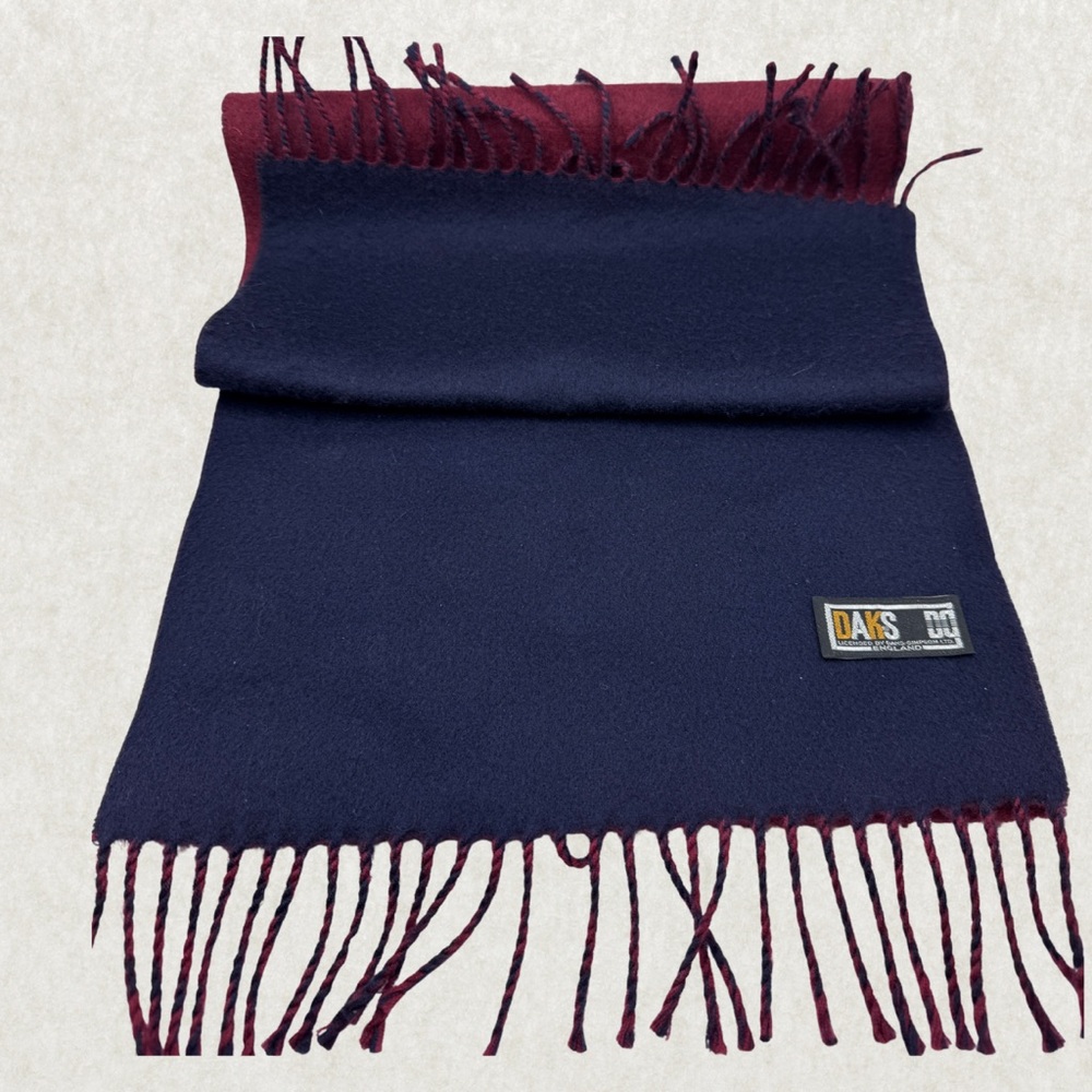 Vintage DAKS Men’s Scarf – 100% Cashmere, Navy & Burgundy, 59” x 12”